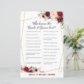 Burgund Floral Brautparty Game, Polterabend (Stehend Vorderseite)