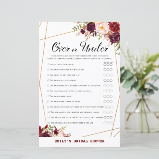 Burgund Floral Brautparty Game, Polterabend (Stehend Vorderseite)