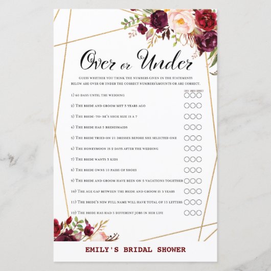 Burgund Floral Brautparty Game, Polterabend (Vorderseite)