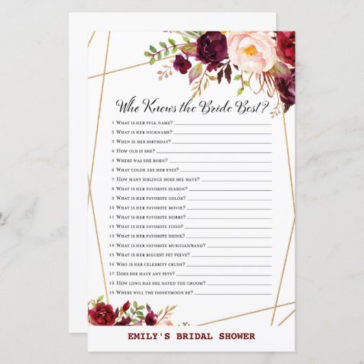 Burgund Floral Brautparty Game, Polterabend (Vorne/Hinten)