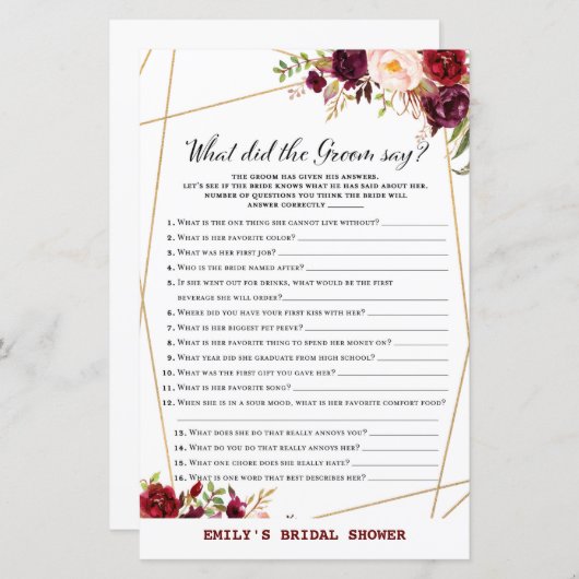Burgund Floral Brautparty Game, Polterabend (Vorne/Hinten)