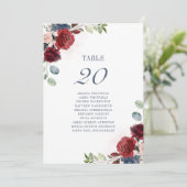 Burgund Floral Dusty Blue Wedding Tischnummer 20 (Stehend Vorderseite)