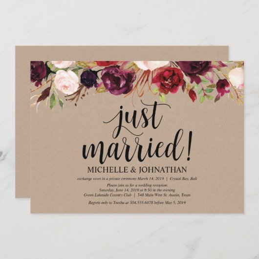 Burgund Floral Elopement Empfang Kraft lädt ein Einladung (Vorne/Hinten)