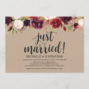 Burgund Floral Elopement Empfang Kraft lädt ein Einladung