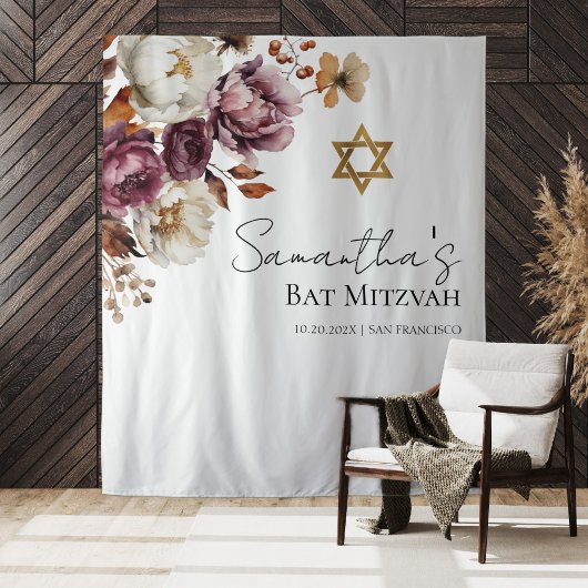 Burgund Floral Fall Bat Mitzvah Hintergrund Wandteppich