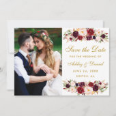 Burgund Floral Foto Gold Save the Date (Vorderseite)