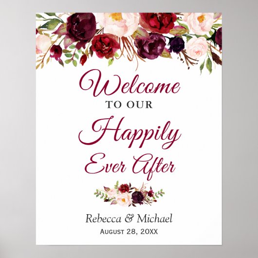 Burgund Floral glücklich je nach Hochzeit unterzei Poster (Vorne)