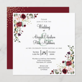 Burgund Floral Gold Foil Square Hochzeit Einladung