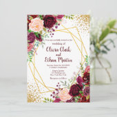 Burgund Floral Gold Geometrie Einladung (Stehend Vorderseite)