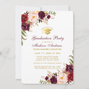 Burgund Floral Gold Graduation Party Einladung RB