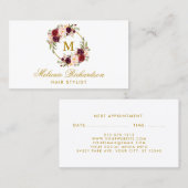 Burgund Floral Gold Haare Stylist Ernennung Terminkarte (Vorne/Hinten)