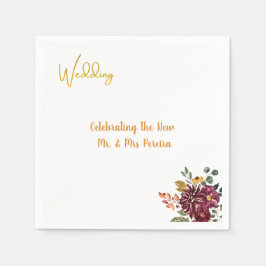 Burgund Floral & Gold Schrift Hochzeit Serviette