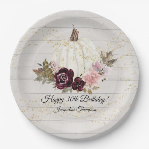 Burgund Floral Gold White Pumpkin 30. Geburtstag Pappteller
