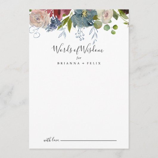 Burgund-Floral-Hochzeiten Worte der Weisheit Hinweiskarte (Vorderseite)