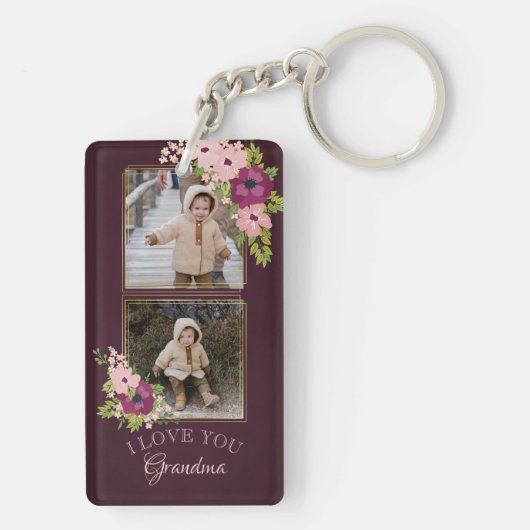 Burgund Floral I Liebe You Oma FotoCollage Schlüsselanhänger (Rückseite)