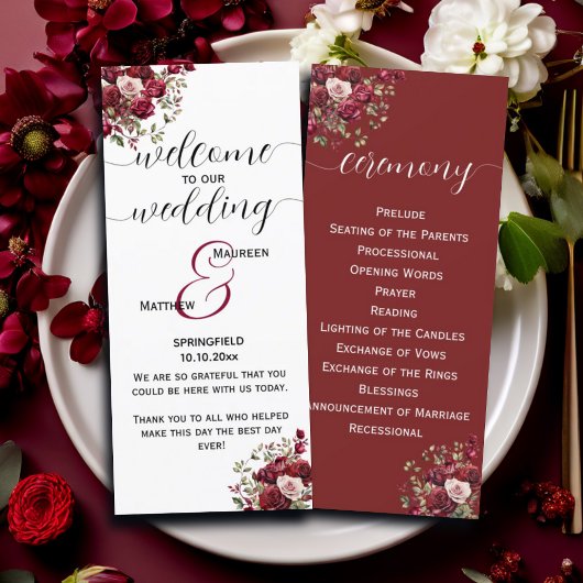 Burgund Floral Modern Wedding Zeremony Programm