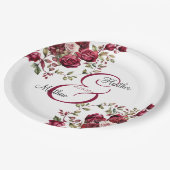 Burgund Floral Moderne Skripthochzeit Pappteller (Schrägansicht)