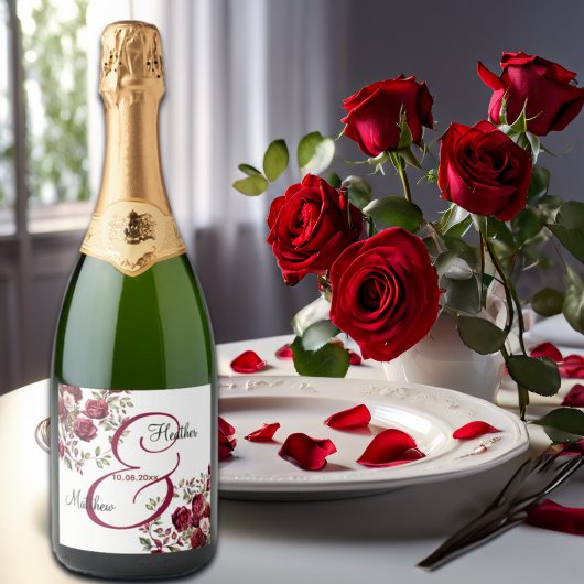 Burgund Floral Moderne Skripthochzeit Schaumweinetikett