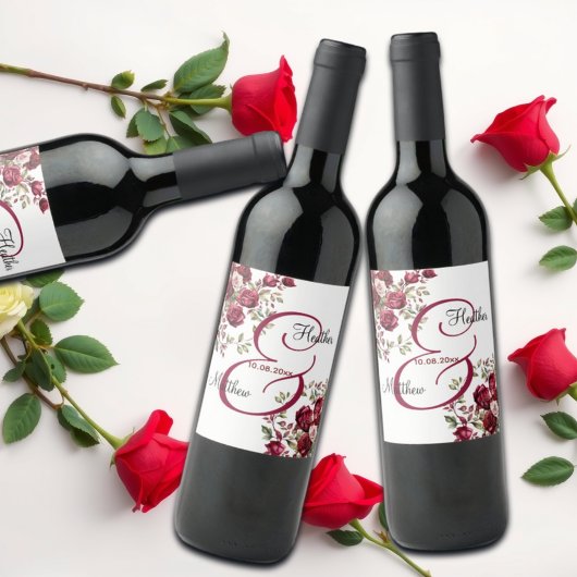 Burgund Floral Moderne Skripthochzeit Weinetikett