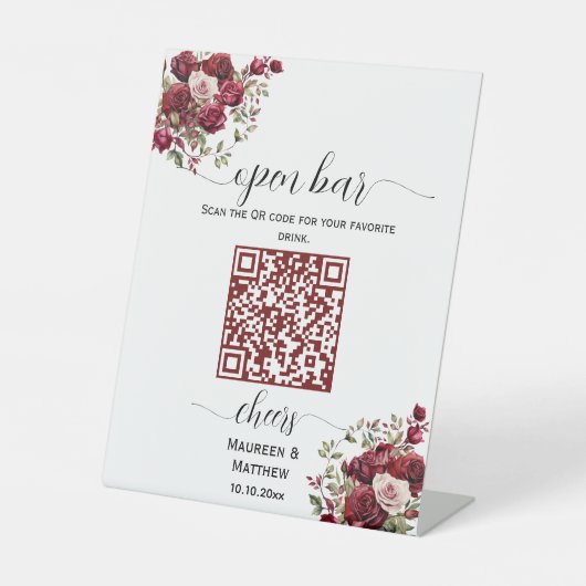 Burgund Floral Moderner QR Code Hochzeit Open Bar Sockelschild (Vorderseite)