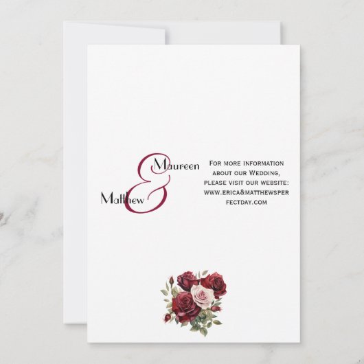 Burgund Floral Modernes Drehbuch und Details Hochz Einladung (Rückseite)