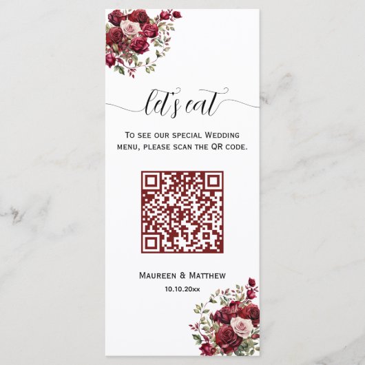 Burgund Floral Modernes QR Code 4x9'' Hochzeitsmen Menükarte (Vorderseite)