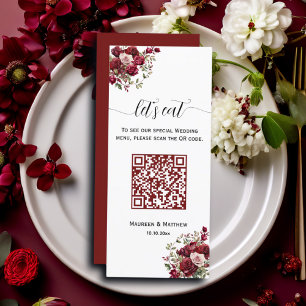 Burgund Floral Modernes QR Code 4x9'' Hochzeitsmen Menükarte
