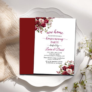 Burgund Floral Modernes Script Housewarming Party Einladung