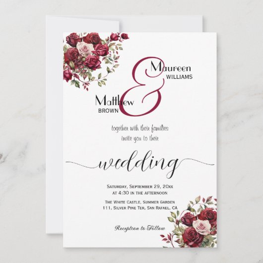 Burgund Floral Modernes Script QR Code Hochzeit Einladung (Vorderseite)