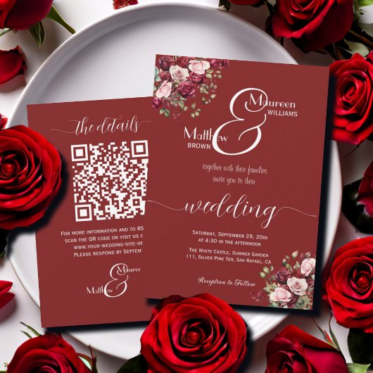 Burgund Floral Modernes Script QR Code Hochzeit Einladung