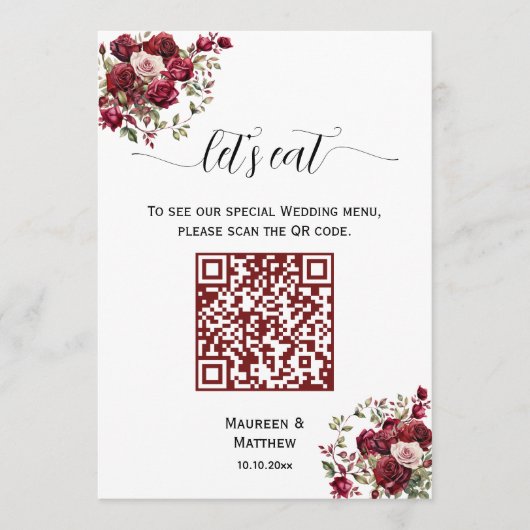 Burgund Floral Modernes Script QR Code Wedding Men Menükarte (Vorderseite)