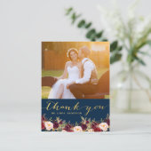 Burgund Floral Navy Gold Foto Hochzeit Vielen Dank Postkarte (Stehend Vorderseite)