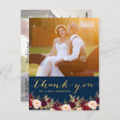 Burgund Floral Navy Gold Foto Hochzeit Vielen Dank Postkarte (Vorne/Hinten)