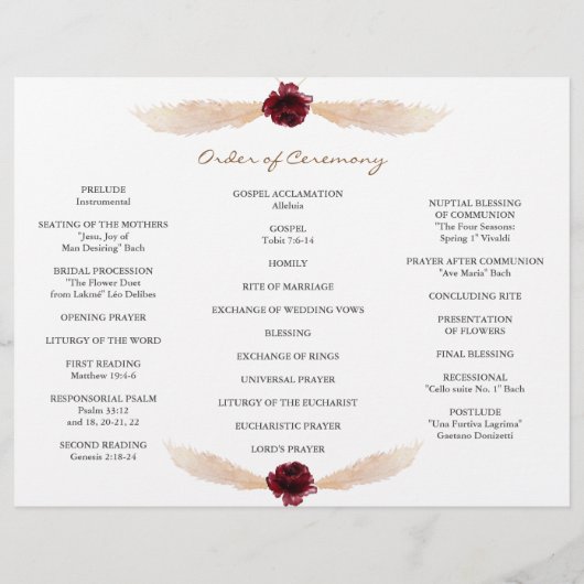 Burgund Floral Pampas Grass Wedding Programm Flyer (Hinten)