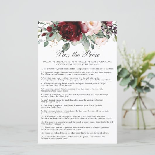 Burgund Floral Pass auf das Brautparty des Preises (Stehend Vorderseite)