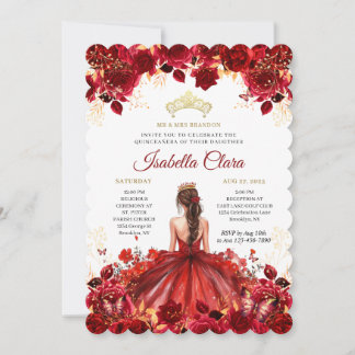 Burgund Floral Prinzessin Gold Quinceanera Einladu Einladung