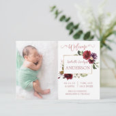 Burgund Floral Rose Gold Foto Geburtserklärung Ankündigung (Stehend Vorderseite)