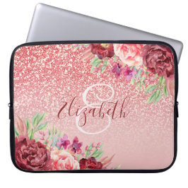 Burgund Floral Rose Gold Glitzer Personalisiert Laptopschutzhülle