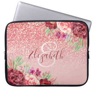 Burgund Floral Rose Gold Glitzer Personalisiert Laptopschutzhülle