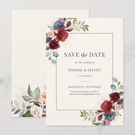 Burgund floral rustikal botanisch Save the Date (Vorne/Hinten)