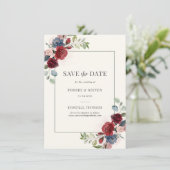 Burgund floral rustikal botanisch Save the Date (Stehend Vorderseite)