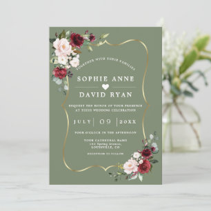 Burgund Floral Salbei Grünes All-In-One-Wedding Einladung