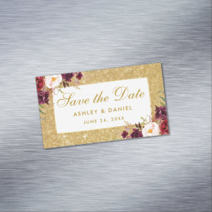 Burgund-Floral Save The Date Gold Mini Magnet