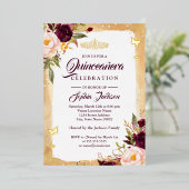 Burgund Floral Tiara Gold Quinceanera 15. Folieneinladung (Stehend vorne)