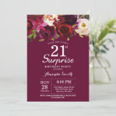 Burgund Floral Überraschung 21. Geburtstag Party Einladung (Stehend Vorderseite)