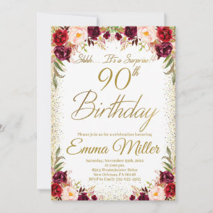 Burgund Floral Überraschung 90. Geburtstag Einladung