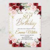 Burgund Floral und Gold Überraschung 80. Geburtsta Einladung (Vorne/Hinten)