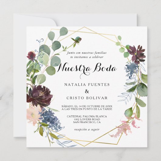 Burgund Floral und Grüne Spanische Hochzeit Einladung (Vorderseite)