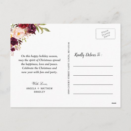 Burgund Floral Verheiratet und frohe Weihnachten F (Rückseite)