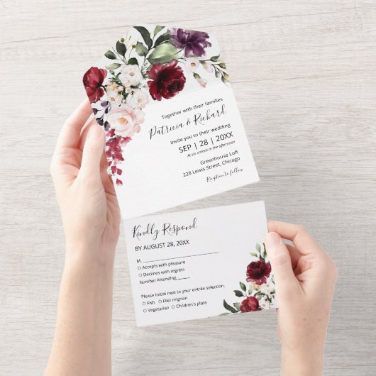 Burgund Floral Wasserfarbe Elegante Hochzeit All In One Einladung (Abreißen)